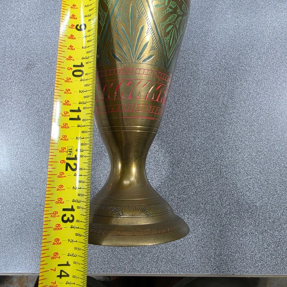 Colored Etched Brass Bud Vase Excellent Enamel‎ Detail